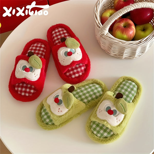 XIXITIAO Women's Plaid Apple Slippers - Korean\u002F Style Cute Green Gingham & Red Checkered House with Sole