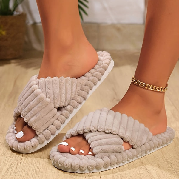 Plush Corduroy-like Slippers with Ankle Strap - Thick-Soled Open-Toe House, -Like Soft & Non-Slip Rubber Sole