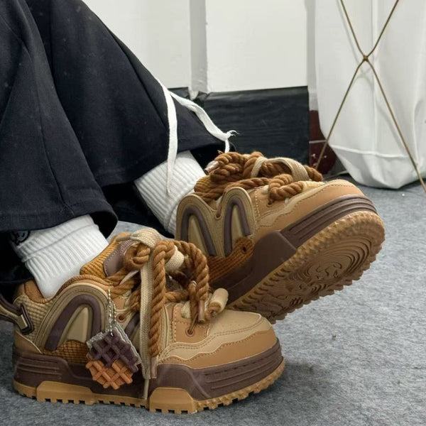 Caramel Brown & Pudding Yellow Women's Unisex Skate Shoes - Thick EVA Sole Height-Increasing Low-Top Sneakers with Waffle Texture