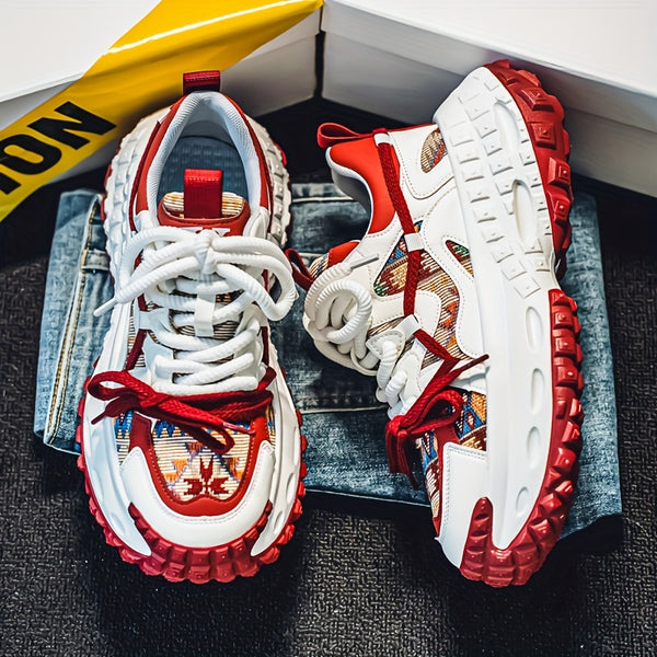 Men'S All-Season Fashion Sneakers - Trendy Thick Sole, Durable, Lace-Up Casual Shoes with Stylish Argyle Pattern