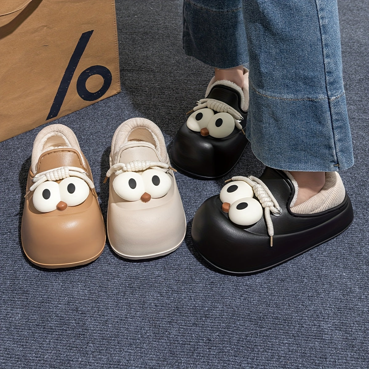 Women's Slip-On Shoes - Cute Owl-like Eyes - Beige\u002FBrown\u002FBlack Color Options