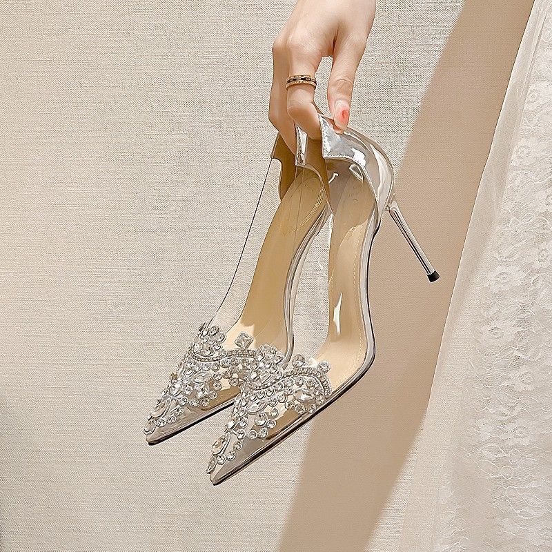 Women'S Elegant Transparent High Heel Wedding Shoes with Rhinestone-Adorned Pointed Toe - Korean-Inspired Stiletto Heels