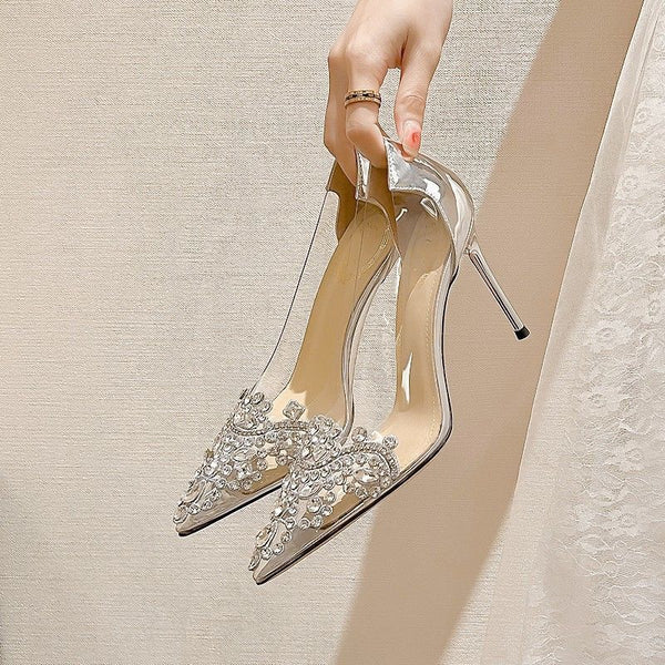 Women'S Elegant Transparent High Heel Wedding Shoes with Rhinestone-Adorned Pointed Toe - Korean-Inspired Stiletto Heels