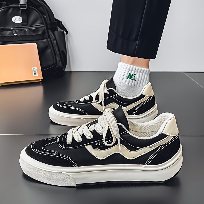 Men'S Casual Skate Shoes - Low-Top Lace-Up Sneakers with Beige & Black Colorway, EVA Sole, and \