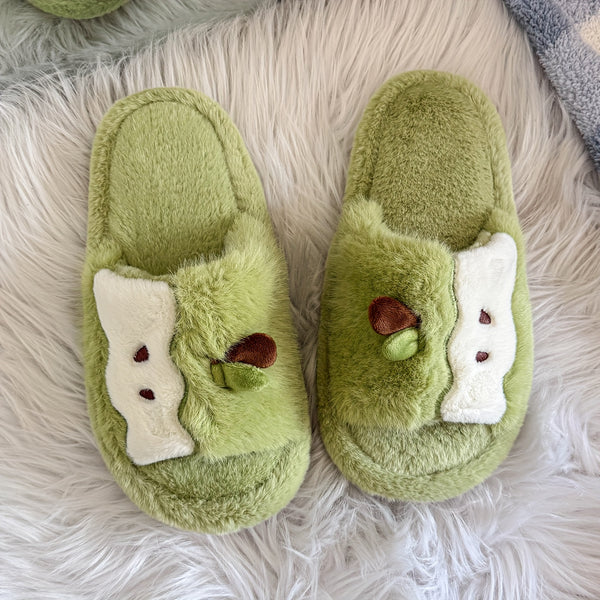 Women's Plush Slip-On Slippers with Cute Bear & Heart Face - Soft Fabric Upper & PVC Sole