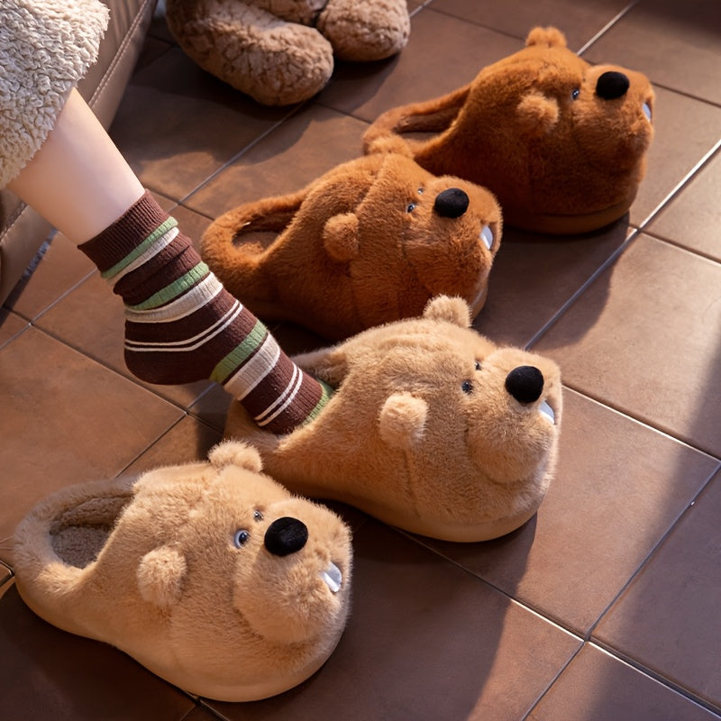ECAC Cozy Fleece Slippers - Cute Cartoon Bear Design, Soft & Warm Indoor Shoes for Men & Women