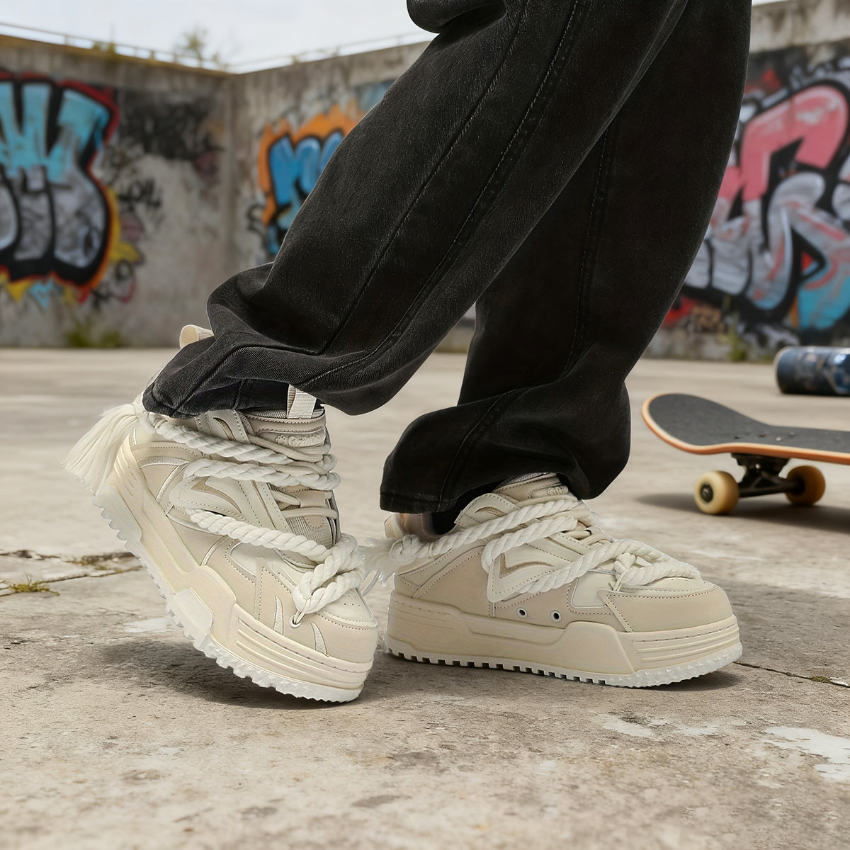 Unisex Retro Skate Shoes - Non-Slip Thick Sole, Lace-Up Closure, Beige\u002FWhite\u002FBlack