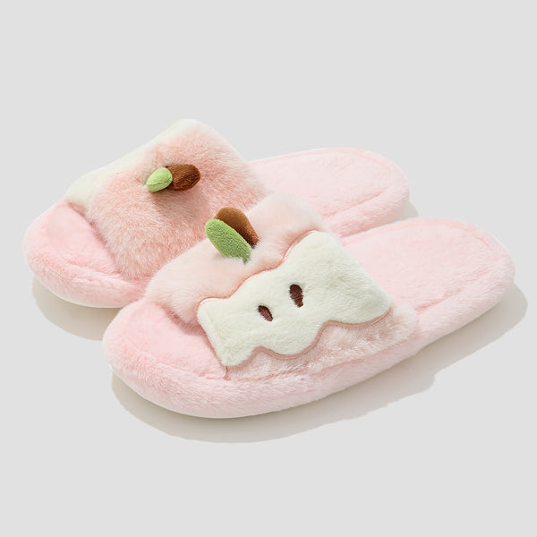 Women's Plush Slip-On Slippers with Cute Bear & Heart Face - Soft Fabric Upper & PVC Sole