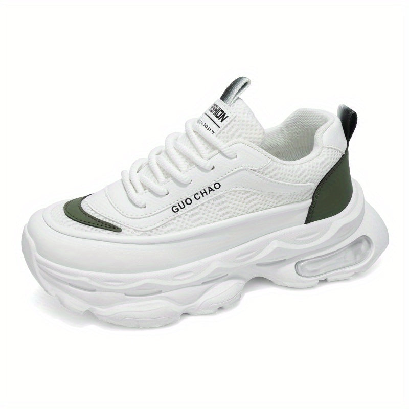 Men's Sneakers - White\u002FGreen Accents, Breathable Running Shoes with Thick Cushioned Sole