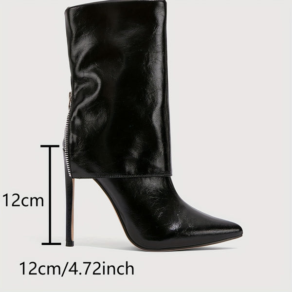 Women's Elegant Black Pointed-Toe Stiletto High Heel Ankle Boots with Back Zipper - Glossy Synthetic Cover