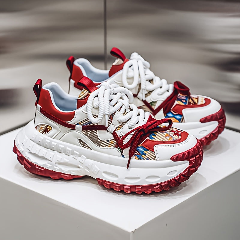 Men'S All-Season Fashion Sneakers - Trendy Thick Sole, Durable, Lace-Up Casual Shoes with Stylish Argyle Pattern