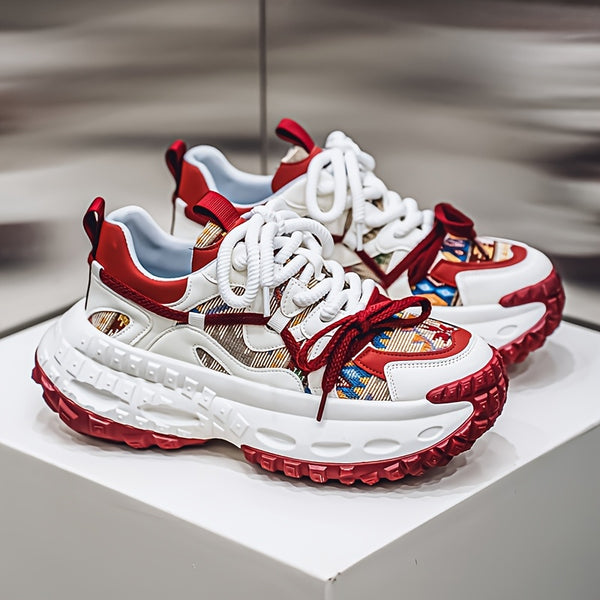 Men'S All-Season Fashion Sneakers - Trendy Thick Sole, Durable, Lace-Up Casual Shoes with Stylish Argyle Pattern