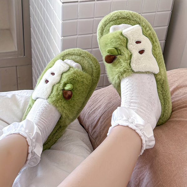 Women's Plush Slip-On Slippers with Cute Bear & Heart Face - Soft Fabric Upper & PVC Sole