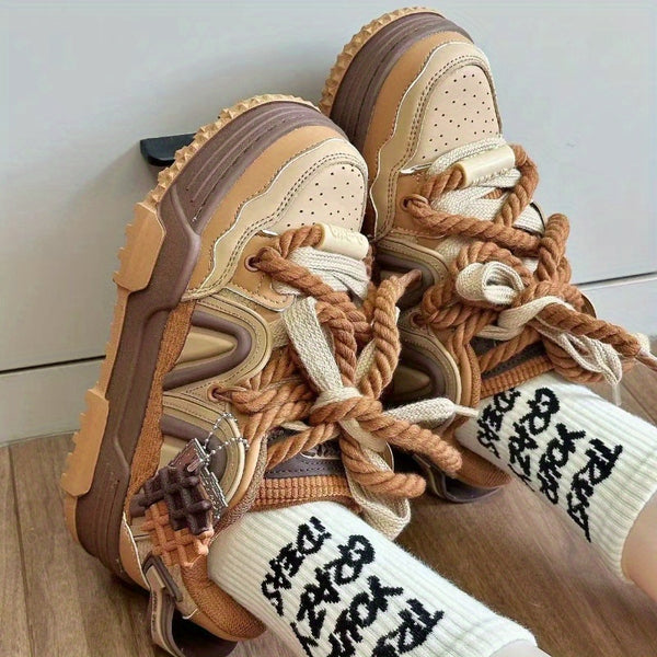 Caramel Brown & Pudding Yellow Women's Unisex Skate Shoes - Thick EVA Sole Height-Increasing Low-Top Sneakers with Waffle Texture