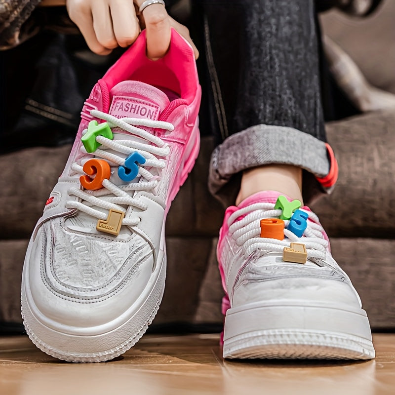 Men's Trendy Low-Top Skate Sneakers - White & Pink Casual Shoes with Playful Number Design