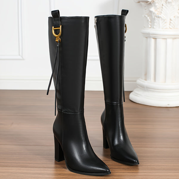 Women's Synthetic Cover Pointed Toe Winter Glossy Black High-Knee Boots with Chunky Heel & Zipper Closure - Glossy All-Black Design