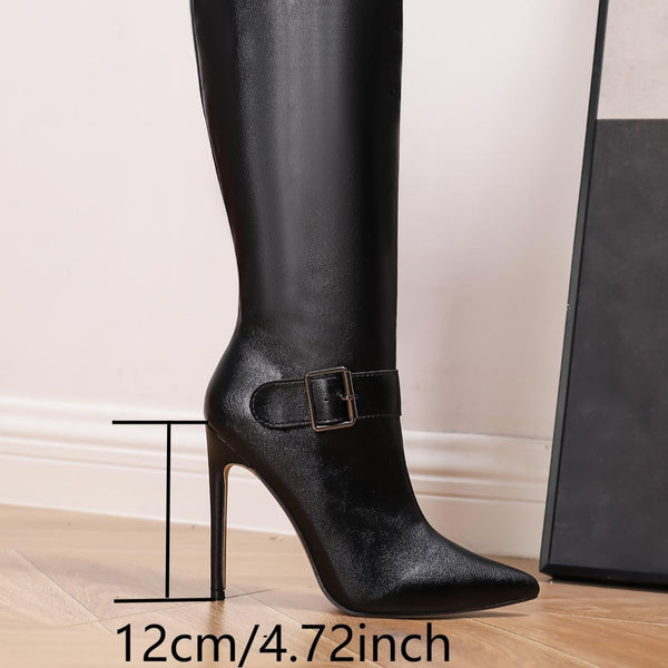 Glossy Black Stiletto Boots Stylish Women's Knee-High Glossy Black Pointed Toe Stiletto Boots