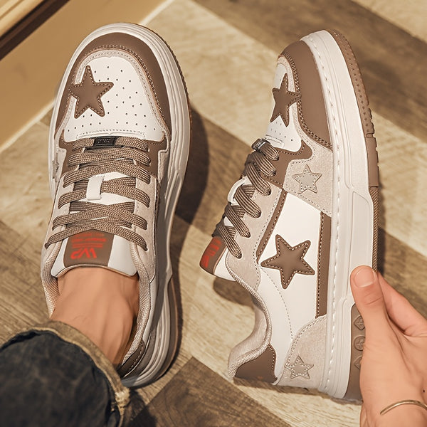 Men's Trendy Low-Top Skate Sneakers - White & Brown Star Design, Lace-Up, Rubber Sole