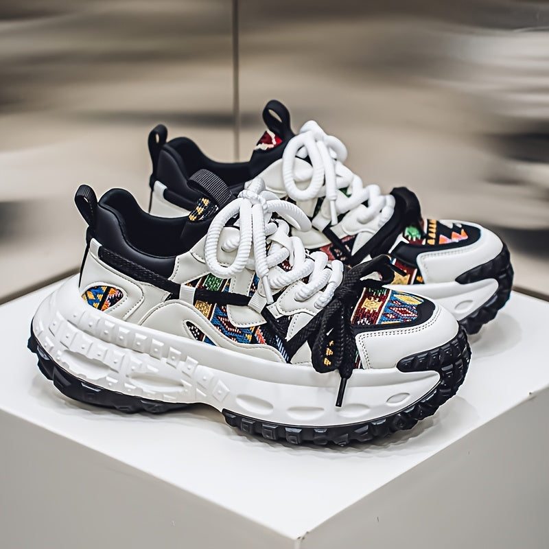 Men'S All-Season Fashion Sneakers - Trendy Thick Sole, Durable, Lace-Up Casual Shoes with Stylish Argyle Pattern