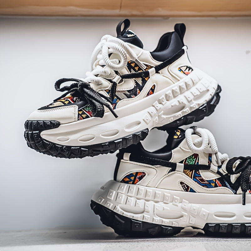 Men'S All-Season Fashion Sneakers - Trendy Thick Sole, Durable, Lace-Up Casual Shoes with Stylish Argyle Pattern