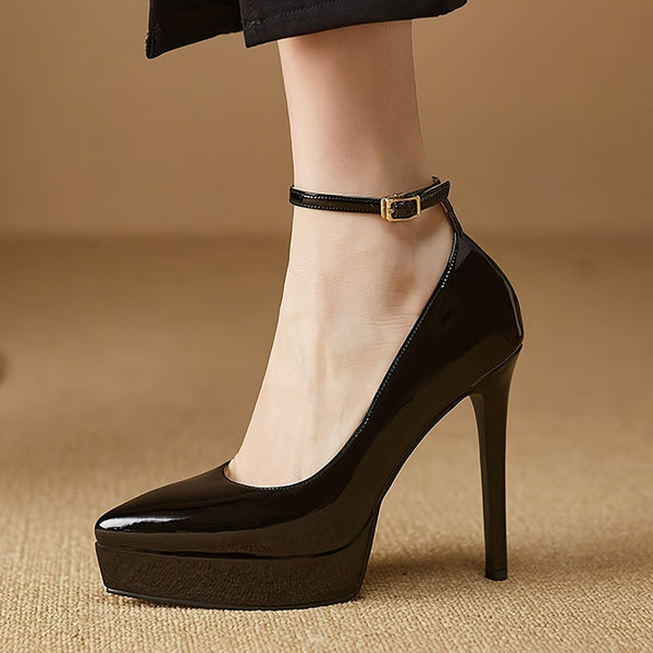 Women's Glossy Black Faux Cover Pointed-Toe Pumps - Ultra-High Block Heel Comfortable & Versatile for Casual to Formal Events