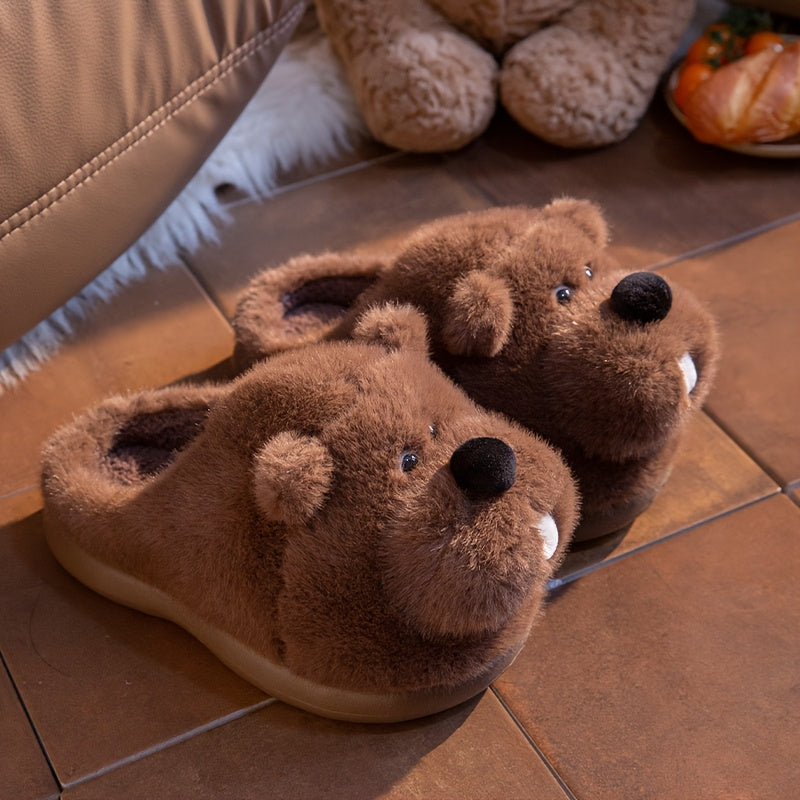 ECAC Cozy Fleece Slippers - Cute Cartoon Bear Design, Soft & Warm Indoor Shoes for Men & Women
