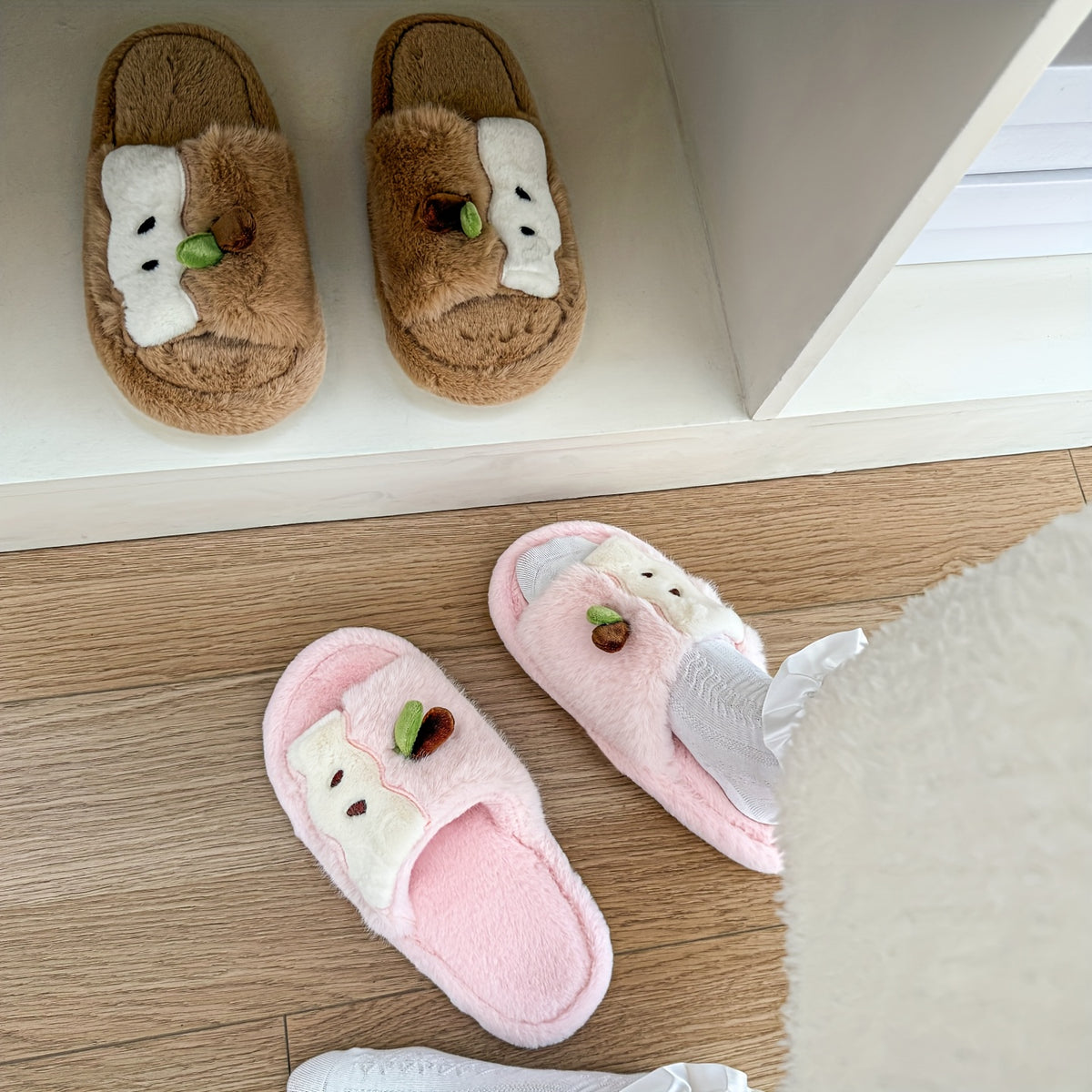 Women's Plush Slip-On Slippers with Cute Bear & Heart Face - Soft Fabric Upper & PVC Sole