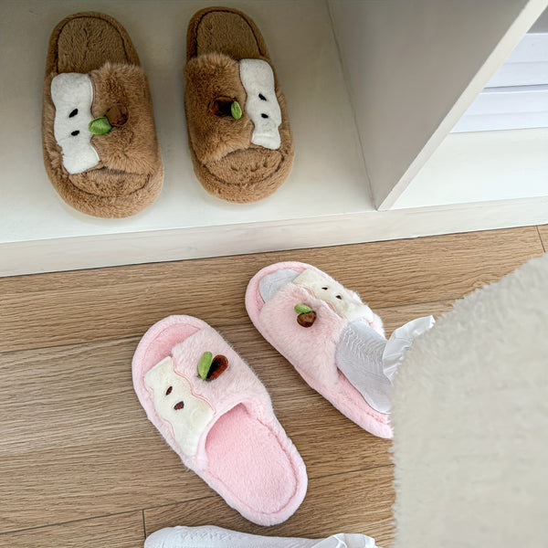 Women's Plush Slip-On Slippers with Cute Bear & Heart Face - Soft Fabric Upper & PVC Sole