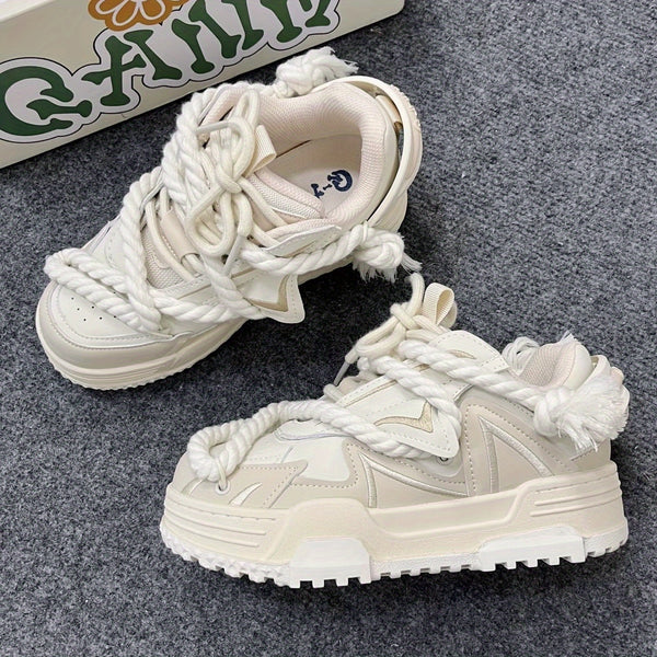 Unisex Retro Skate Shoes - Non-Slip Thick Sole, Lace-Up Closure, Beige\u002FWhite\u002FBlack