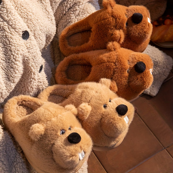 ECAC Cozy Fleece Slippers - Cute Cartoon Bear Design, Soft & Warm Indoor Shoes for Men & Women